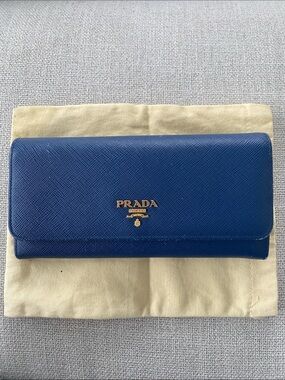 Prada Blue Saffiano Leather Continental Wallet with Gold Logo